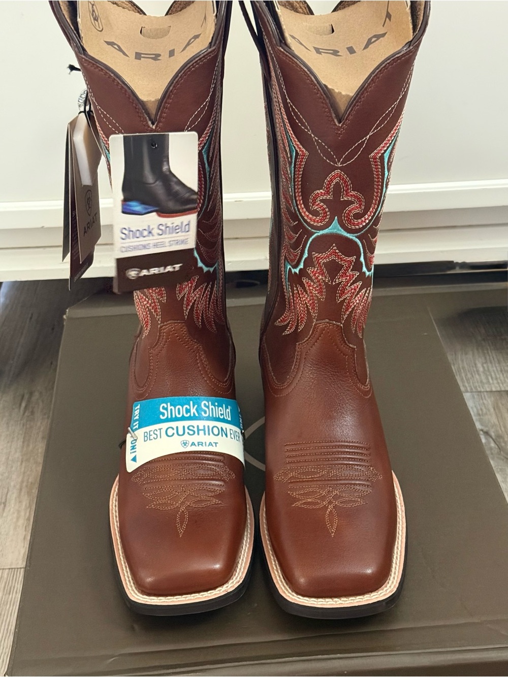 Ariat Brown Leather Western Boots with Turquoise and Red Stitching